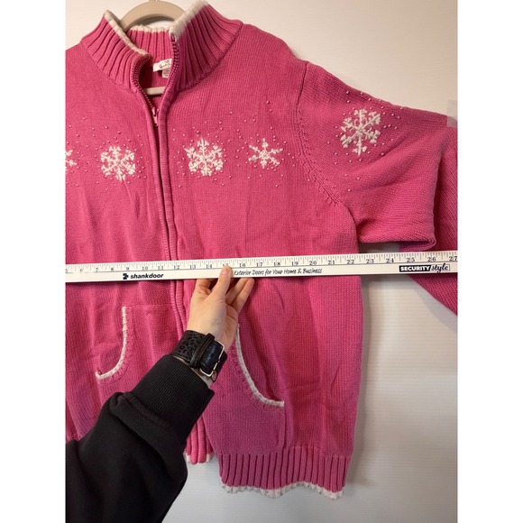 VTG Quacker Factory Zip Cardigan Pink Snowflake Grandmacore Bead Cotton 2X Women - Picture 5 of 12